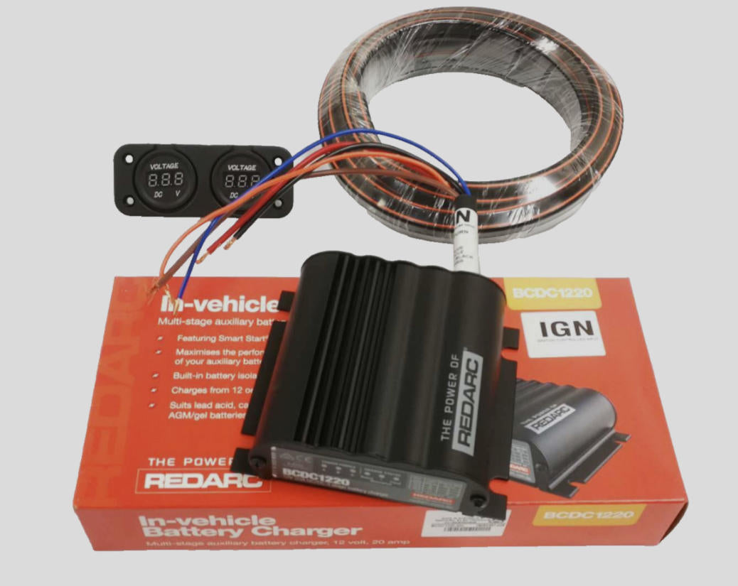 Redarc in-vehicle battery charger with wiring and display on a white background