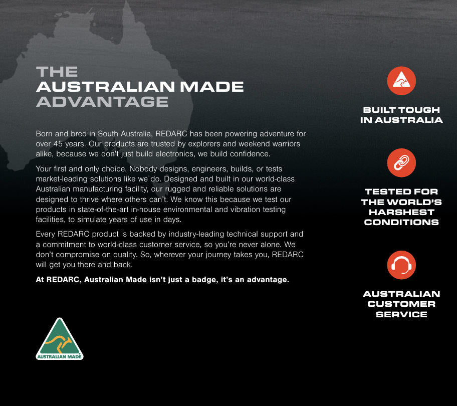 Advertisement for REDARC products highlighting 'The Australian Made Advantage' on a dark background.
