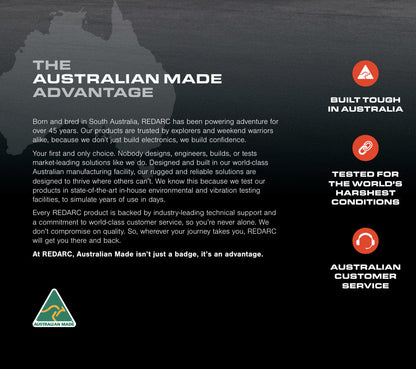 Advertisement for REDARC products highlighting 'The Australian Made Advantage' on a dark background.