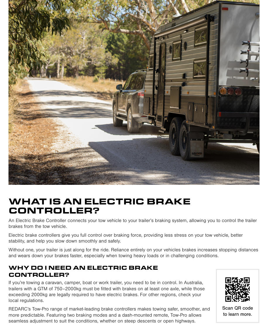 Truck towing a camper trailer on a road with text about electric brake controllers.