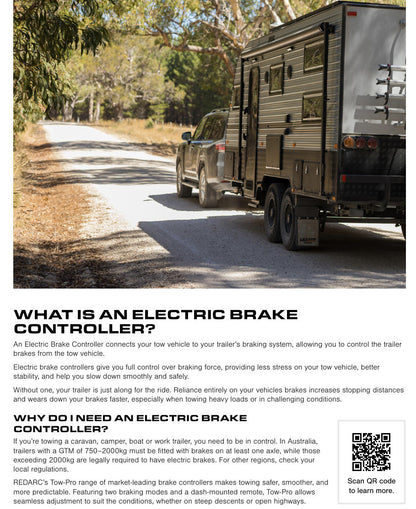 Truck towing a camper trailer on a road with text about electric brake controllers.