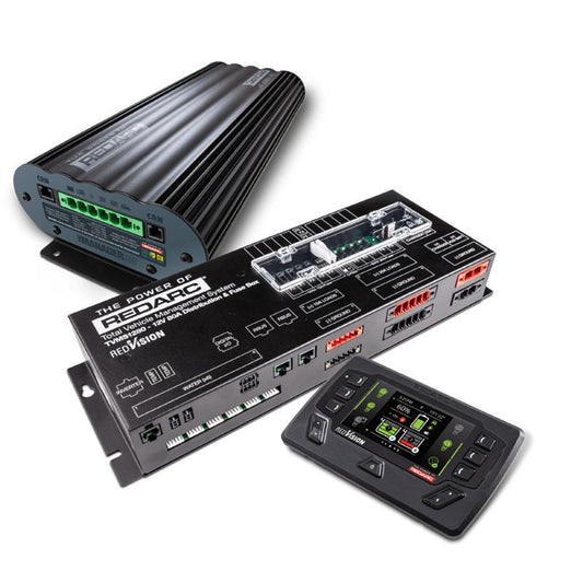 Three electronic devices on a white background, featuring branding and technical components.