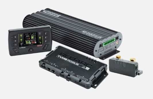 Collection of Redarc electronic devices including an amplifier and control panel on a white background