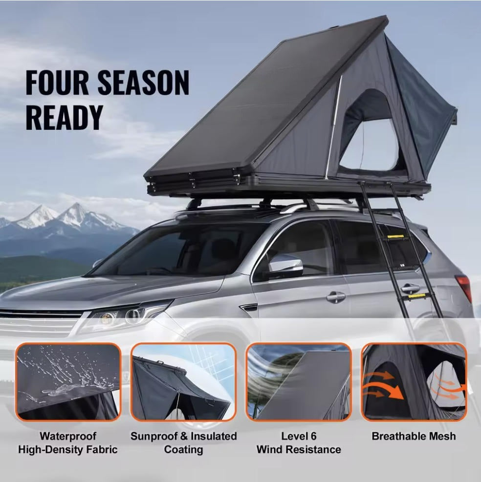 Ultra-Slim 11cm Closed Profile Hardshell Rooftop Tent with 4 key features: waterproof, sunproof, level 6 wind resistance, breathable mesh