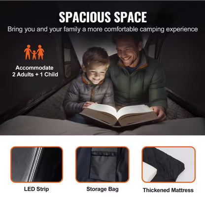 Ultra-Slim 11cm Closed Profile Hardshell Rooftop Tent with 3 additional accessories which include LED Strip, Storage Bag, Thickened Mattress