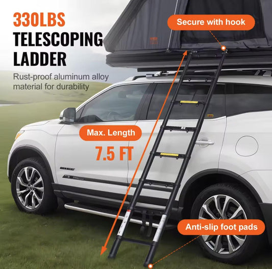 Telescoping ladder for a vehicle with specifications on weight capacity, length, and features. 