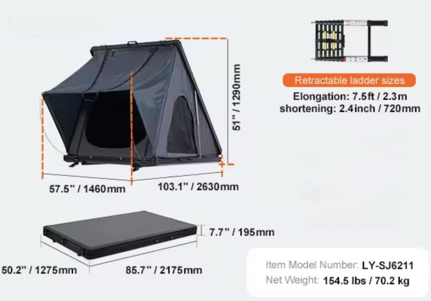 Ultra-Slim 11cm Closed Profile Hardshell Rooftop Tent
Measurement chart of a camping tent with dimensions and specifications.