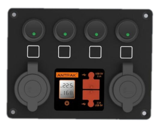 12V DC Power Panel Dual Battery Voltmeter 2X USB & 2X Ciga 4 Ways Surface Mount