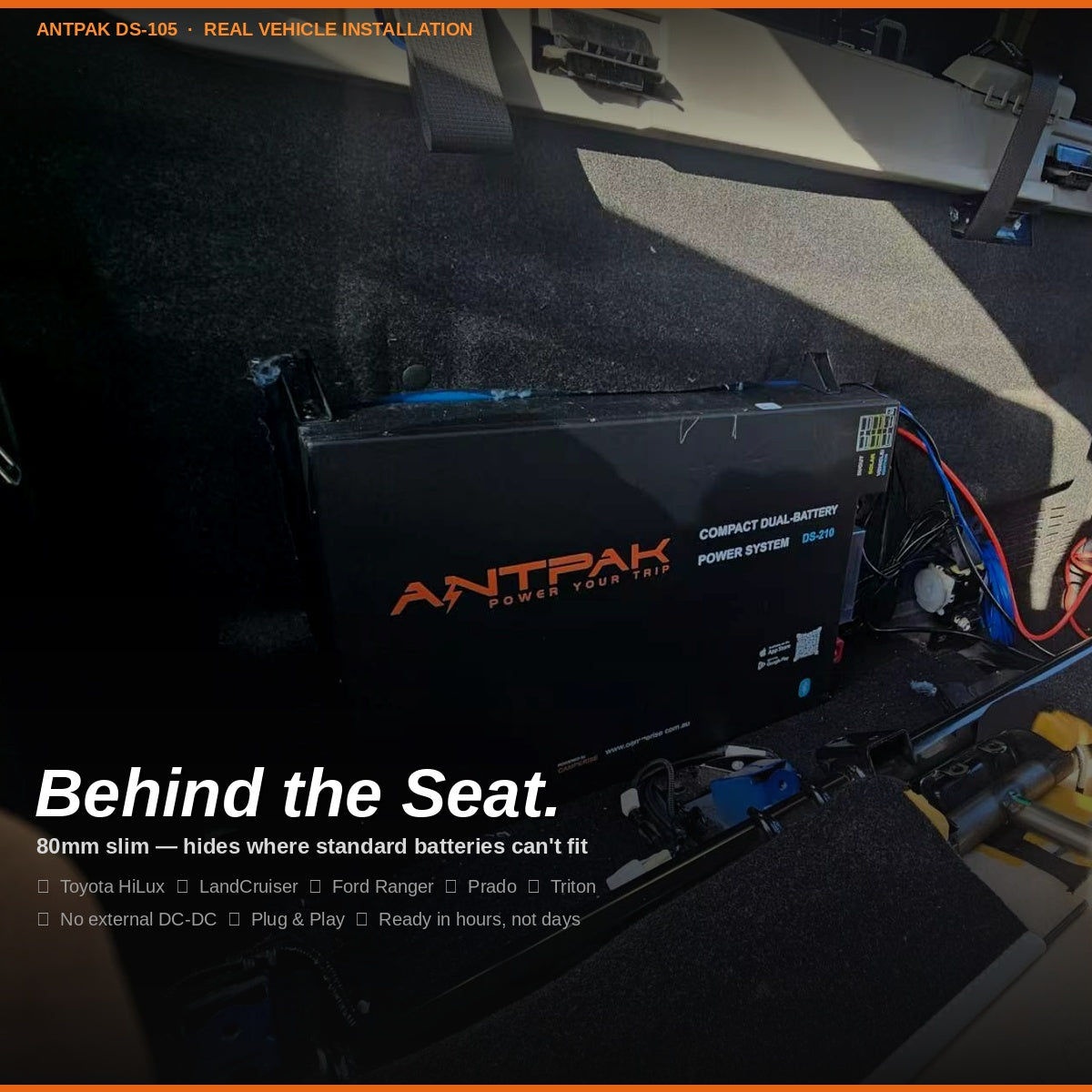 ANTPAK DS-105 105Ah 12.8V All-in-One Behind Seat Dual Battery System Kit Built-in 40A DC-DC MPPT Solar BMS Bluetooth 4WD Caravan Ready To Use