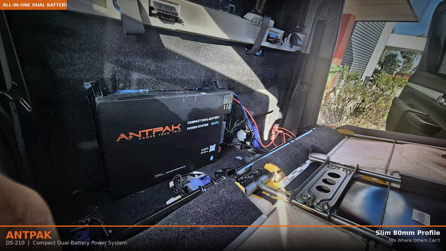 ANTPAK DS-210 210Ah All-in-One Behind Seat Dual Battery System Kit Built-in 40A DC-DC MPPT Solar BMS Bluetooth 4WD Caravan Ready To Use
